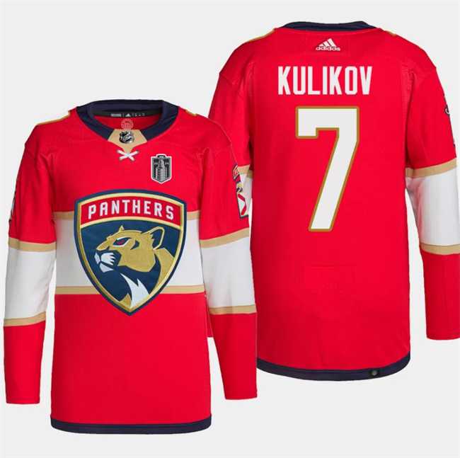 Mens Florida Panthers #7 Dmitry Kulikov Red 2024 Stanley Cup Final Patch Stitched Jersey Dzhi->florida panthers->NHL Jersey